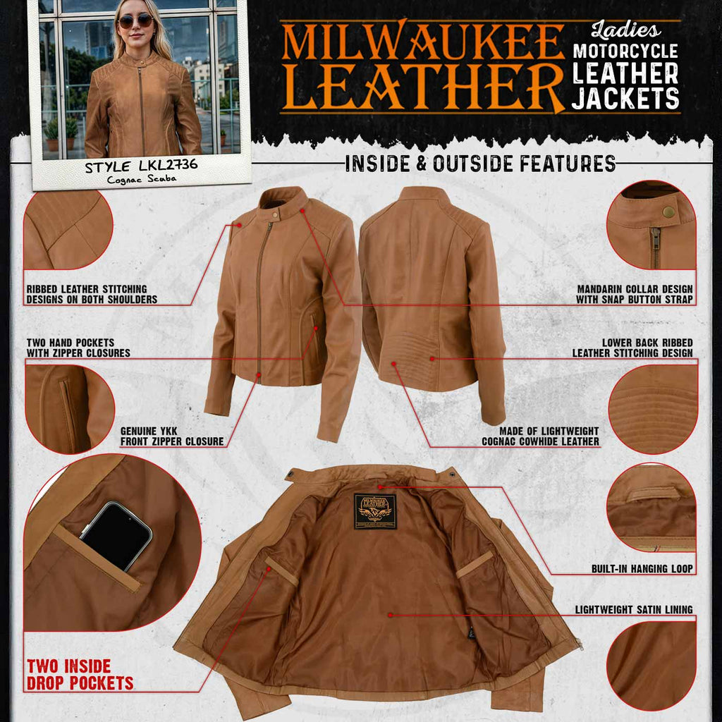 Milwaukee Leather LKL2736 Women's Cognac Premium Leather Scuba Style Biker Jacket w/ Mandarin Collar