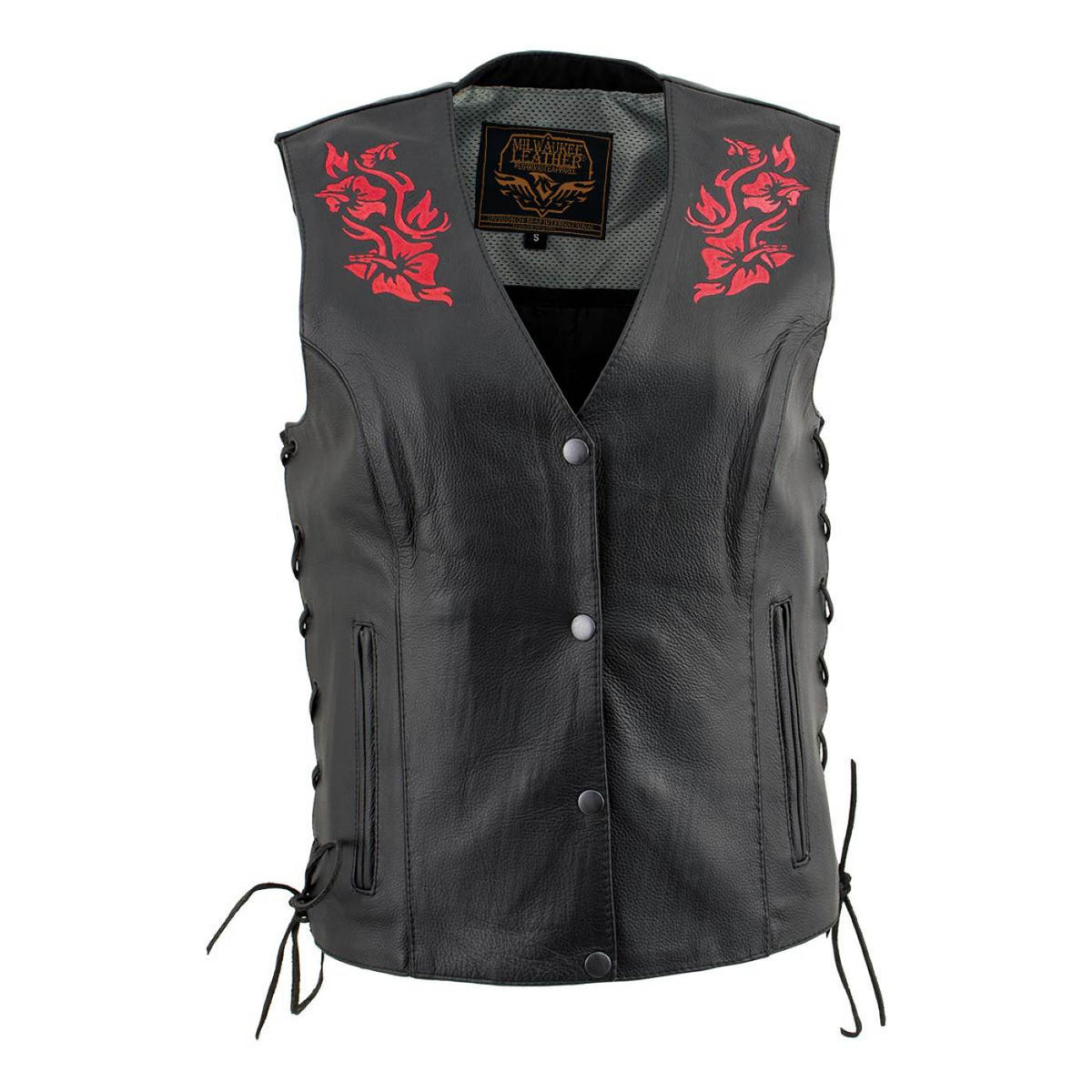 Milwaukee Leather Women's Gemma Black/Red Leather Motorcycle Vest with Side Laces - LKL4718