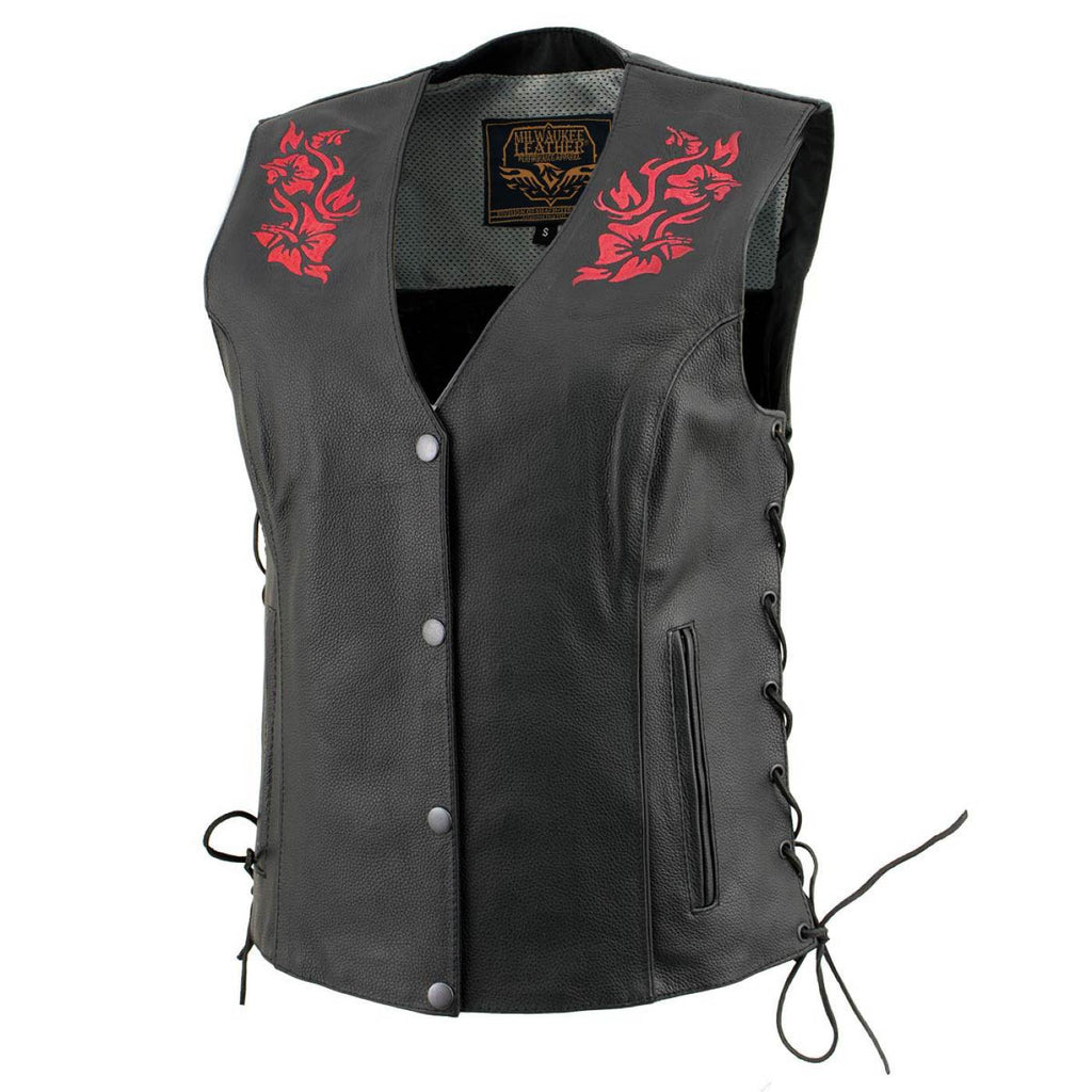 Milwaukee Leather Women's Gemma Black/Red Leather Motorcycle Vest with Side Laces - LKL4718