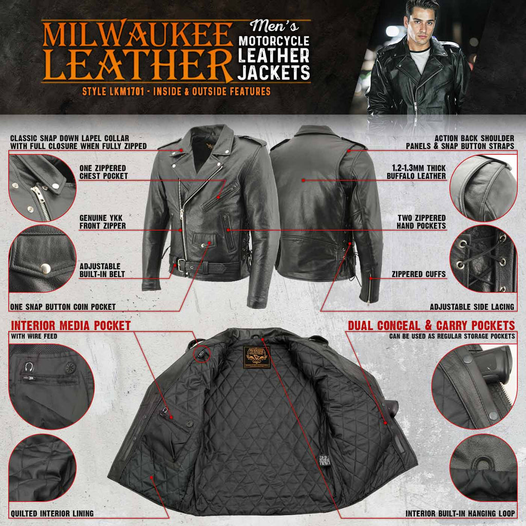 Milwaukee Leather LKM1701 Men's Classic Side Laced Black Motorcycle Premium Leather Jacket with CE Armor Protection