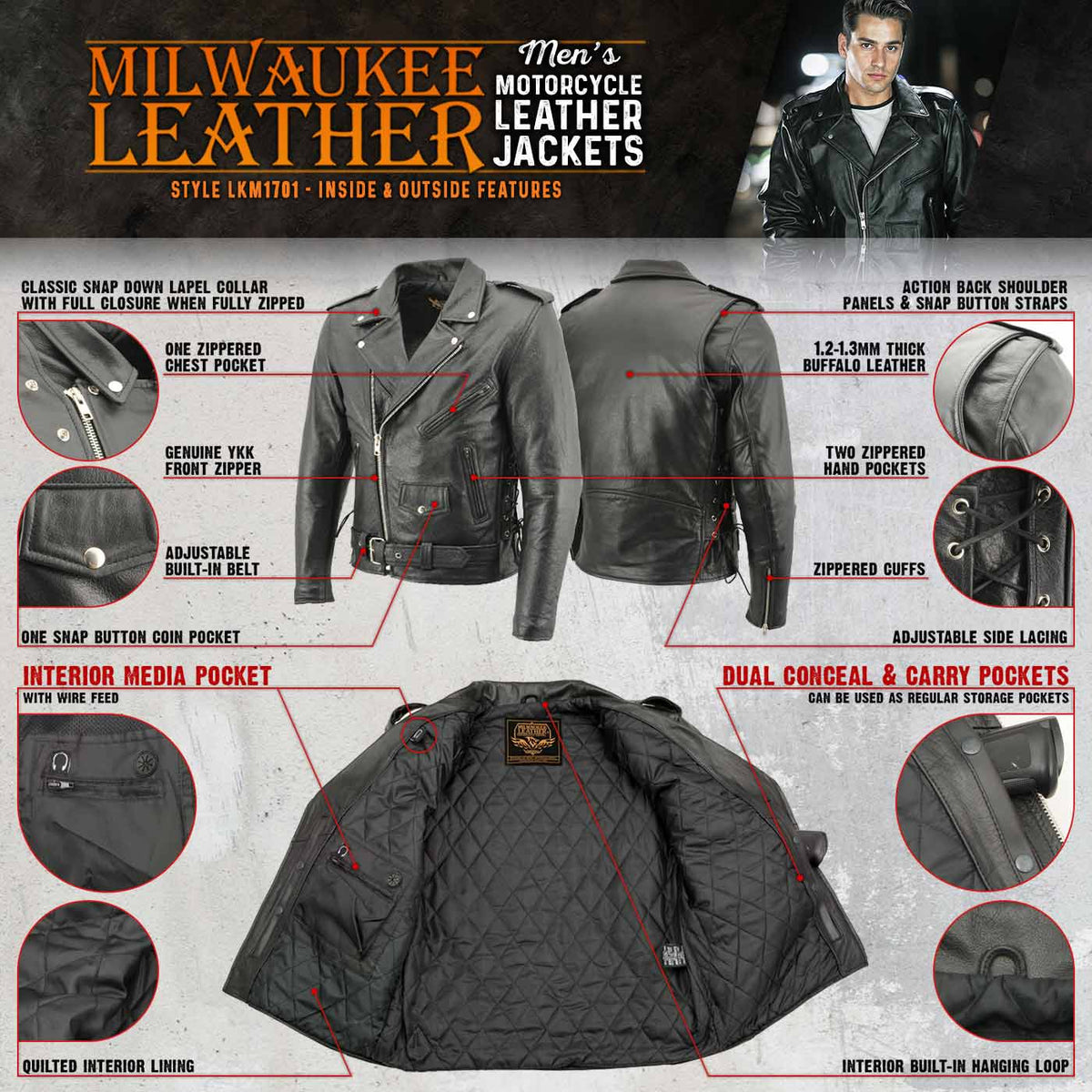 Milwaukee Leather LKM1701 Men's Classic Side Laced Black Motorcycle Premium Leather Jacket with CE Armor Protection