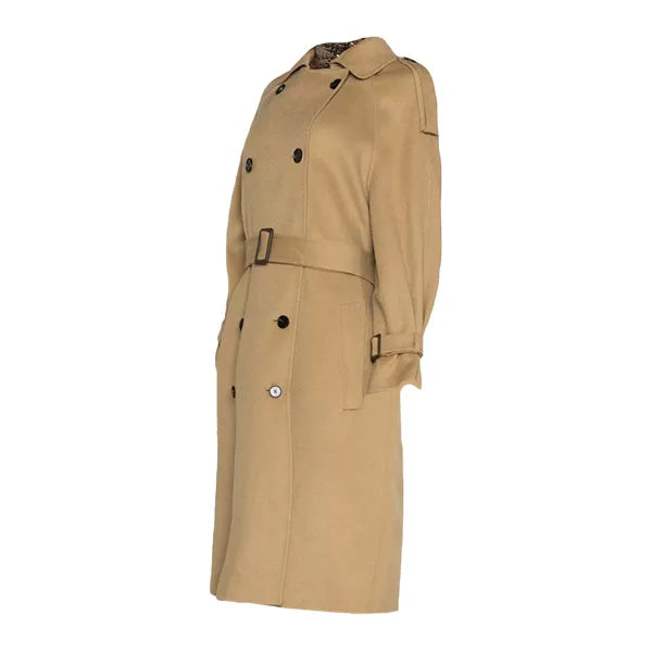Womens Beige Double Breasted Wool Trench Coat