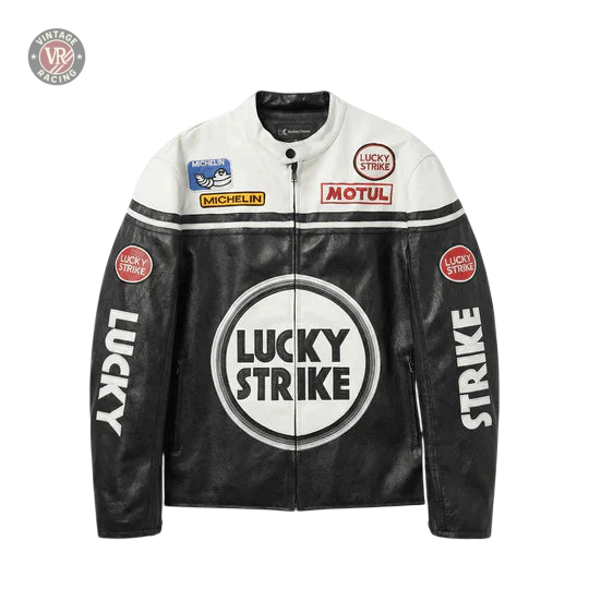Lucky Strike Vintage Racing Leather Jacket - White & Black Edition