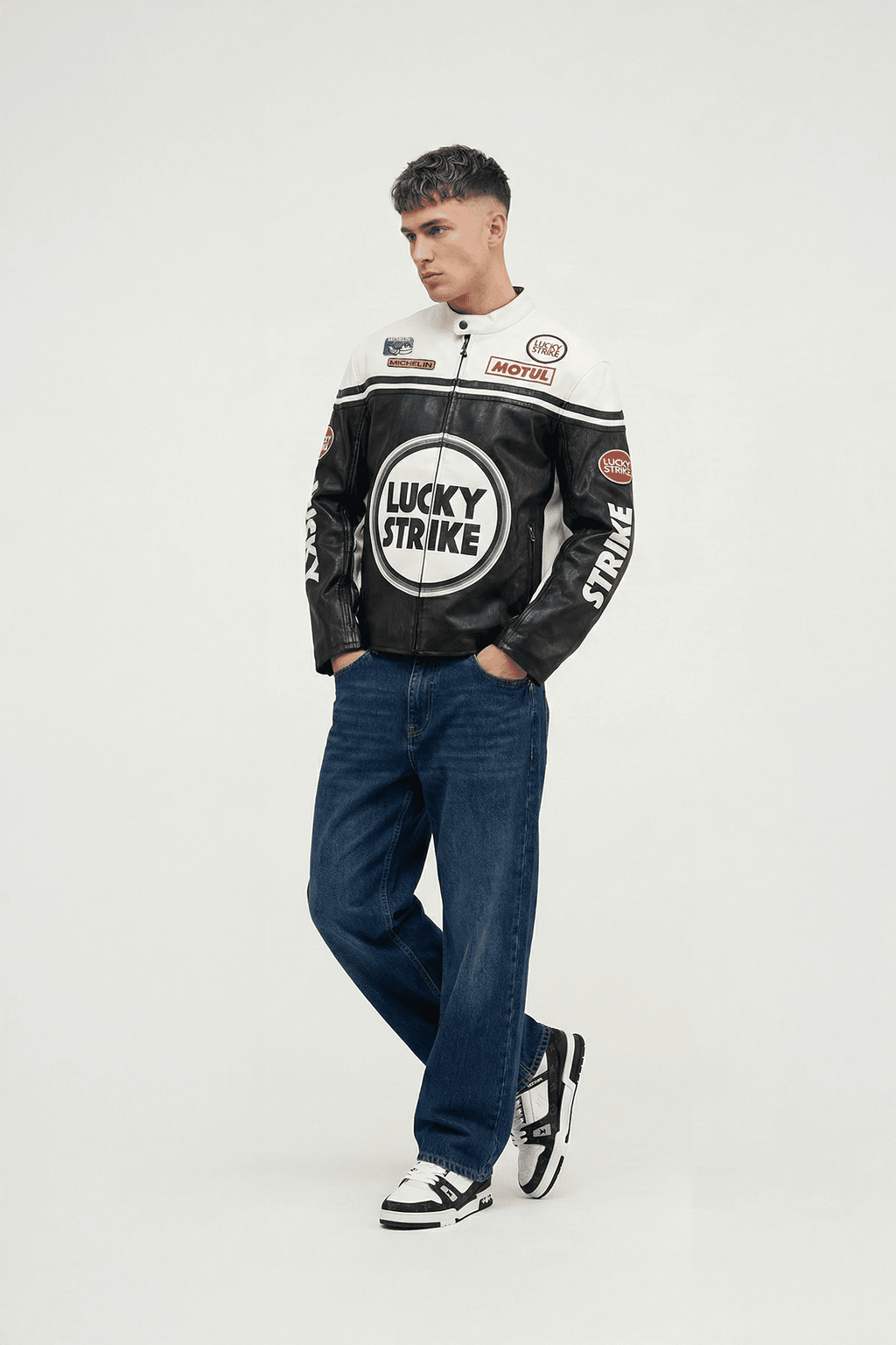 Lucky Strike Vintage Racing Leather Jacket - White & Black Edition