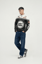 Lucky Strike Vintage Racing Leather Jacket - White & Black Edition