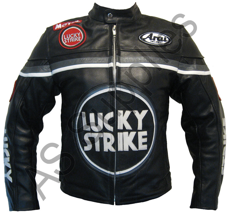 LUCKY STRIKE Leather Motorcycle Jacket - Black / Grey