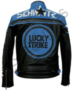 LUCKY STRIKE Leather Motorcycle Jacket - Black / Blue