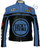 LUCKY STRIKE Leather Motorcycle Jacket - Black / Blue