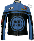 LUCKY STRIKE Leather Motorcycle Jacket - Black / Blue