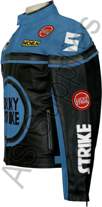 LUCKY STRIKE Leather Motorcycle Jacket - Black / Blue