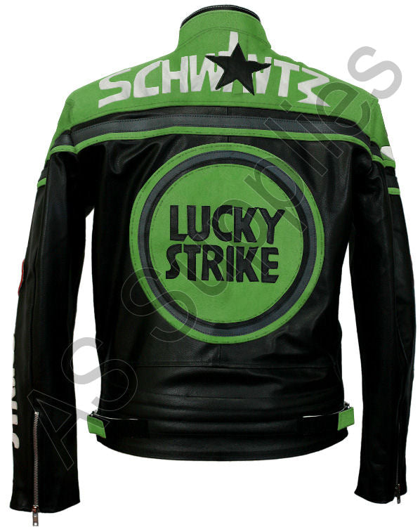 LUCKY STRIKE Leather Motorcycle Jacket - Black / Green