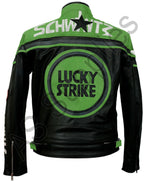 LUCKY STRIKE Leather Motorcycle Jacket - Black / Green
