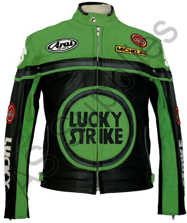 LUCKY STRIKE Leather Motorcycle Jacket - Black / Green