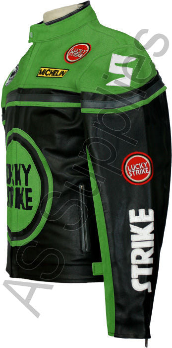 LUCKY STRIKE Leather Motorcycle Jacket - Black / Green
