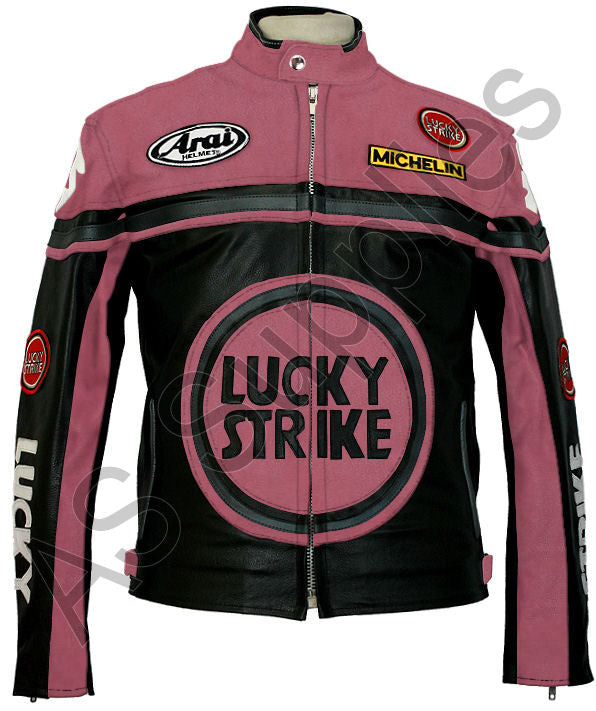 LUCKY STRIKE Leather Motorcycle Jacket - Black / Pink