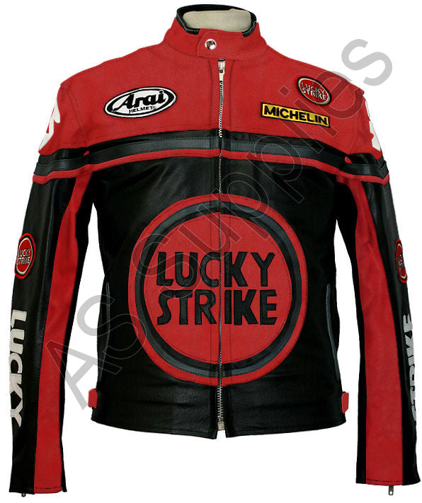 LUCKY STRIKE Leather Motorcycle Jacket - Black / Red