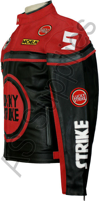 LUCKY STRIKE Leather Motorcycle Jacket - Black / Red