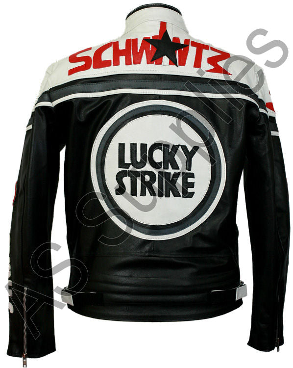 LUCKY STRIKE Leather Motorcycle Jacket - Black / White