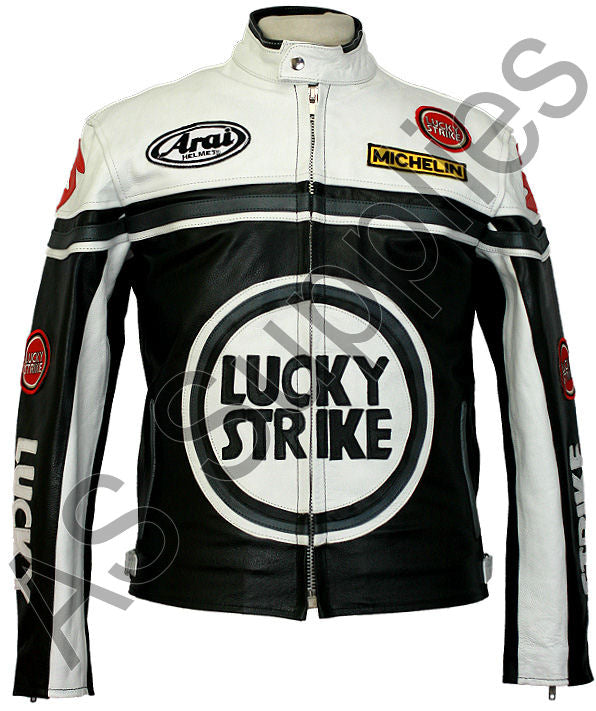 LUCKY STRIKE Leather Motorcycle Jacket - Black / White