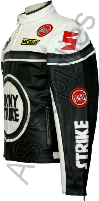 LUCKY STRIKE Leather Motorcycle Jacket - Black / White