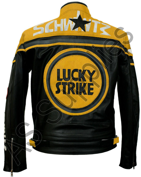 LUCKY STRIKE Leather Motorcycle Jacket - Black / Yellow