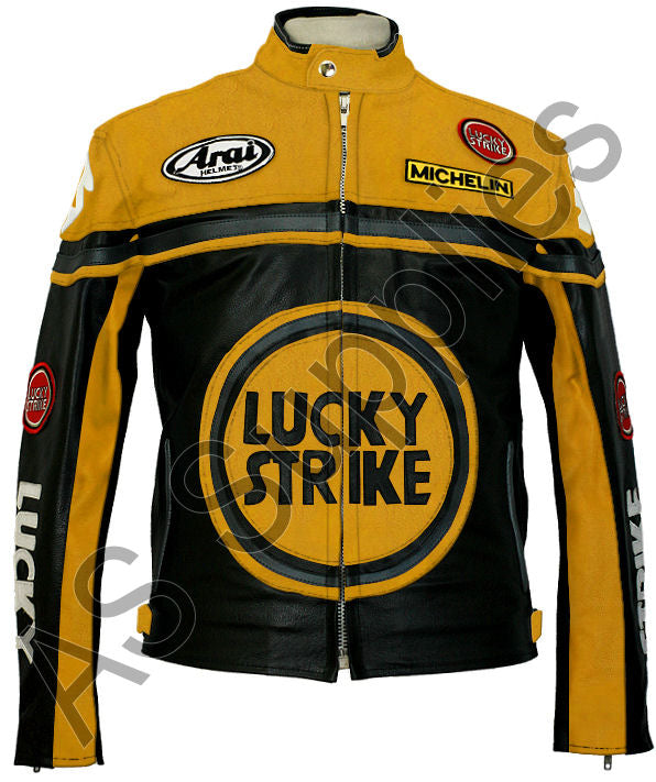 LUCKY STRIKE Leather Motorcycle Jacket - Black / Yellow