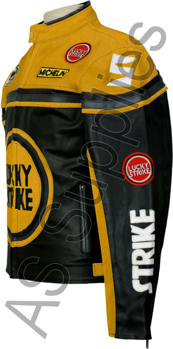 LUCKY STRIKE Leather Motorcycle Jacket - Black / Yellow