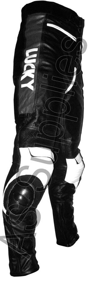 LUCKY STRIKE Leather Motorcycle Trousers - Black / White