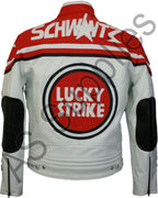 LUCKY STRIKE Leather Motorcycle Jacket - Red / White
