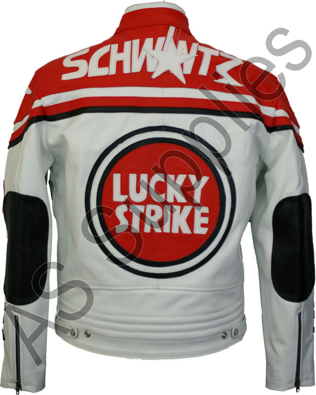 LUCKY STRIKE Leather Motorcycle Jacket - Red / White