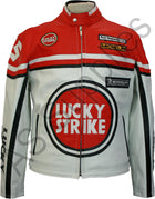 LUCKY STRIKE Leather Motorcycle Jacket - Red / White