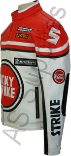 LUCKY STRIKE Leather Motorcycle Jacket - Red / White