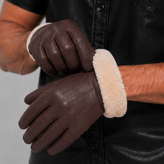 Premium Dark Brown Leather Fur Lined Winter Glove