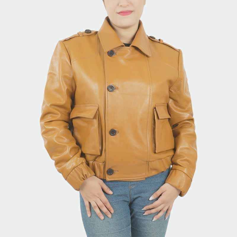 Men and Women Tan Sheepskin Leather Major Motoko Kusanagi Ghost in the Shell Cosplay Jacket with Button Front