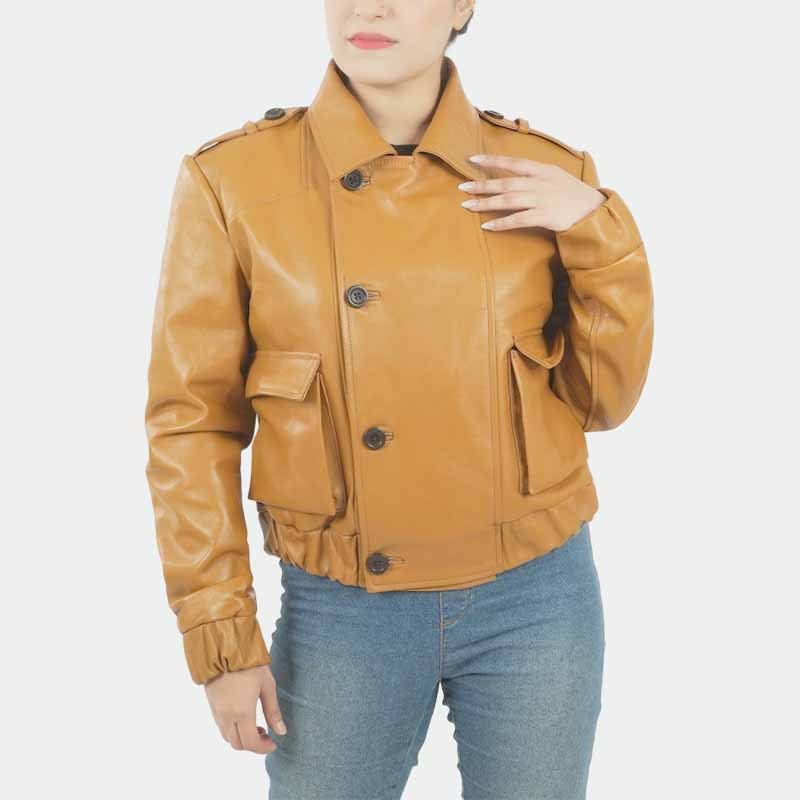Men and Women Tan Sheepskin Leather Major Motoko Kusanagi Ghost in the Shell Cosplay Jacket with Button Front