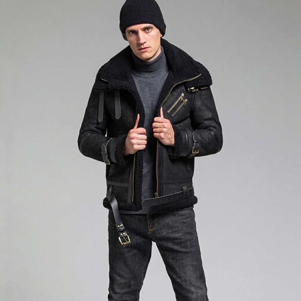 Black Crackle B-3 Asymmetric Shearling Leather Aviator Jacket