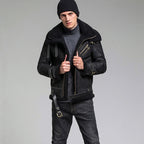Black Crackle B-3 Asymmetric Shearling Leather Aviator Jacket
