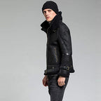 Black Crackle B-3 Asymmetric Shearling Leather Aviator Jacket
