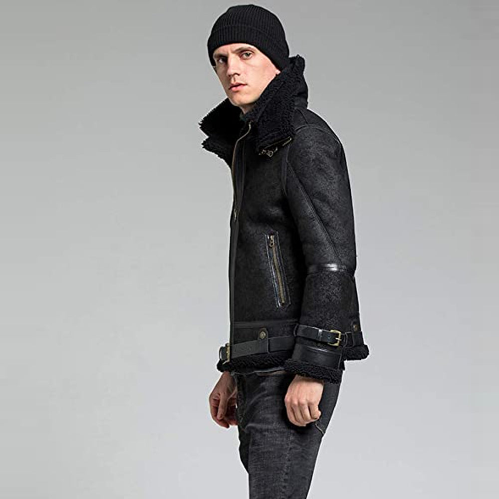 Black Crackle B-3 Asymmetric Shearling Leather Aviator Jacket