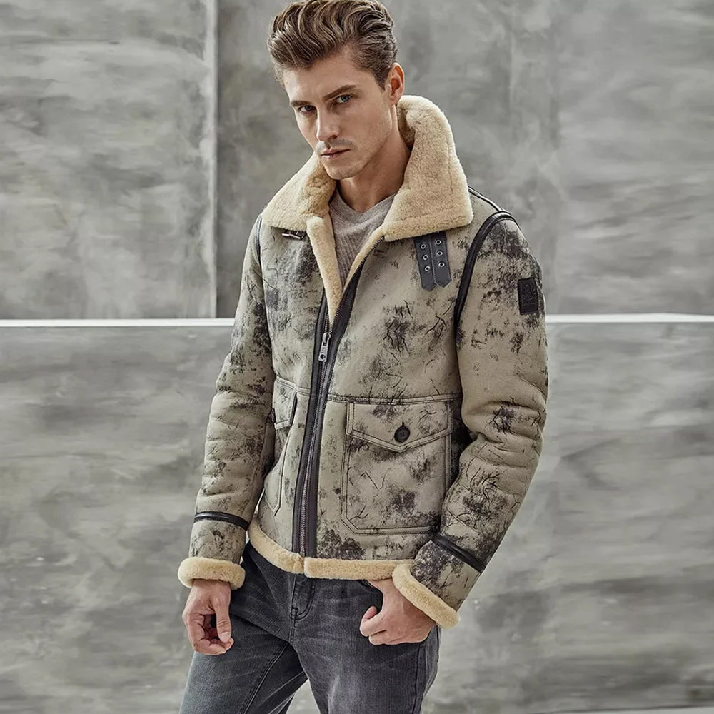 Men's Distressed Crackle Wash B-3 Shearling Aviator Flight Jacket