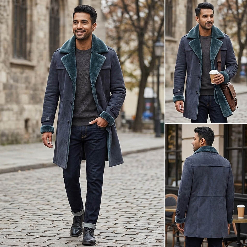 Men's Blue Shearling Leather Coat – Genuine Sheepskin Lined Winter Coat