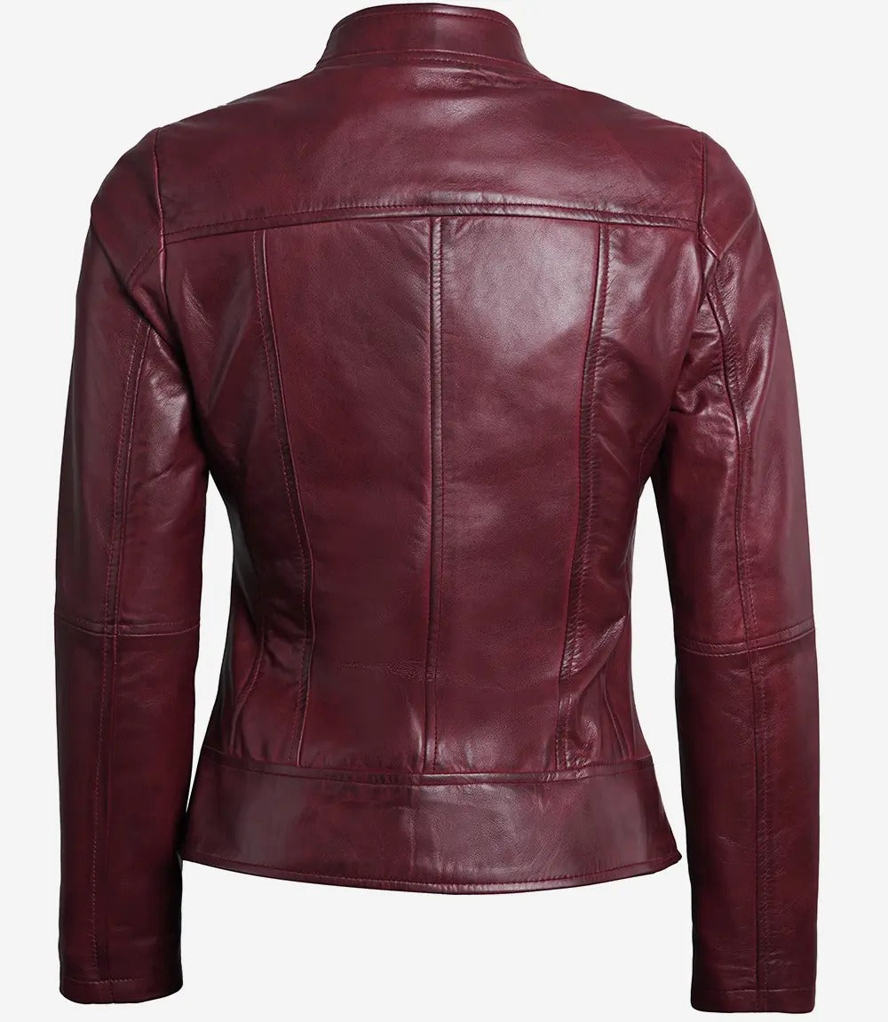 Women's Maroon Café Racer Leather Jacket Stylish & Slim Fit