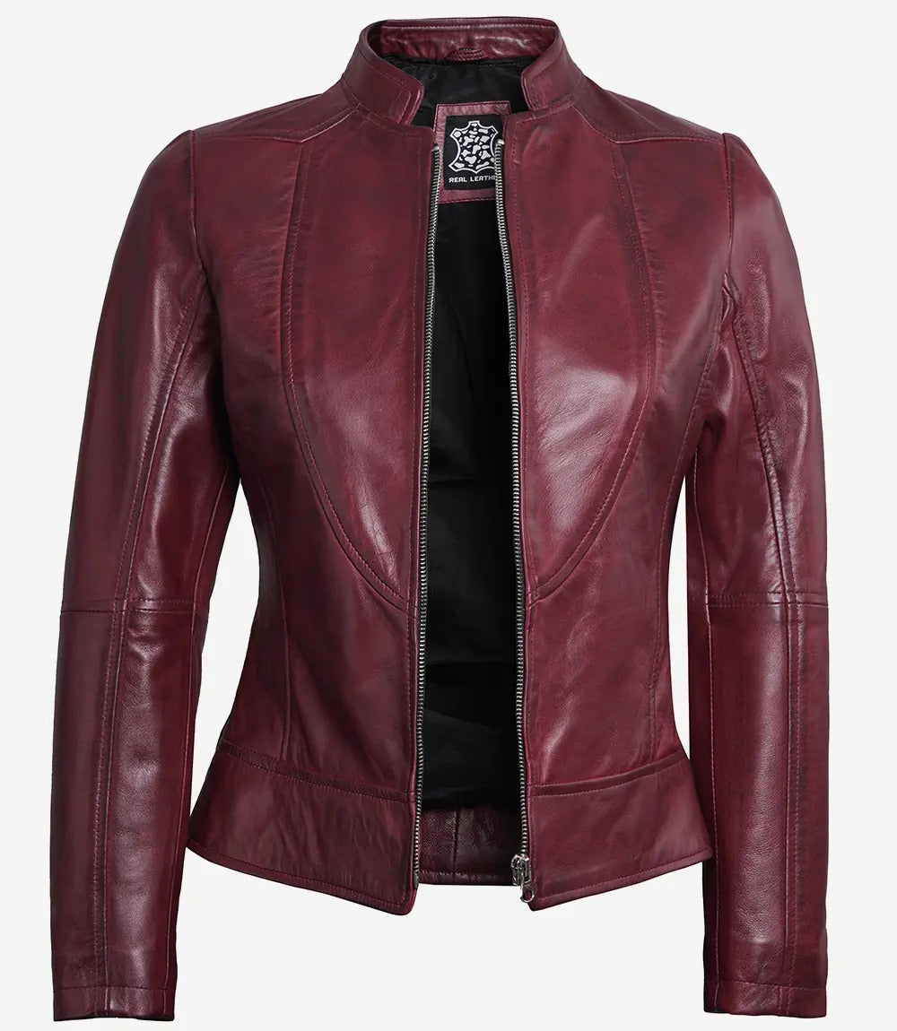 Women's Maroon Café Racer Leather Jacket Stylish & Slim Fit