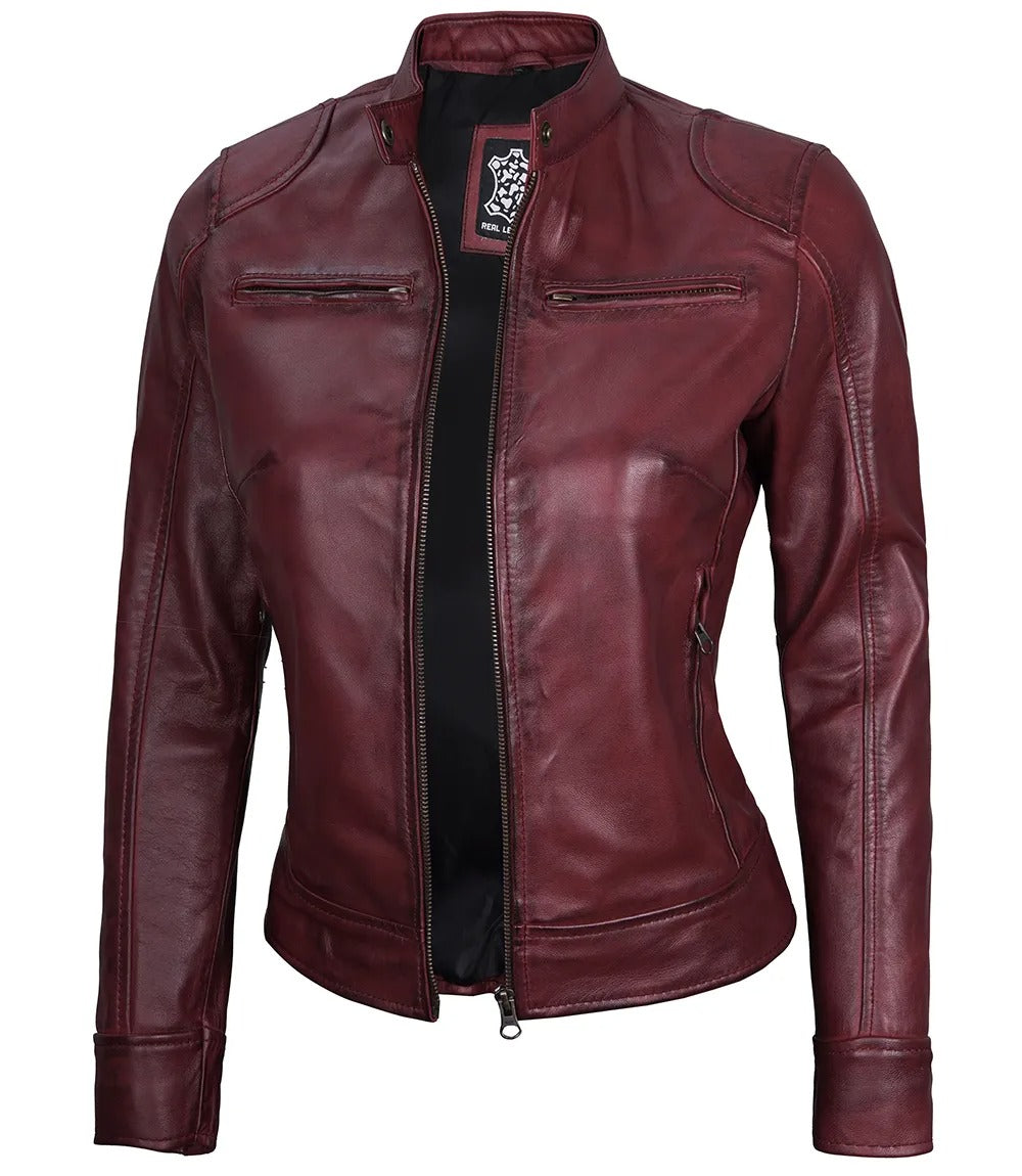 Avanzar Leather Dodge Women's Maroon Cafe Racer Leather Jacket