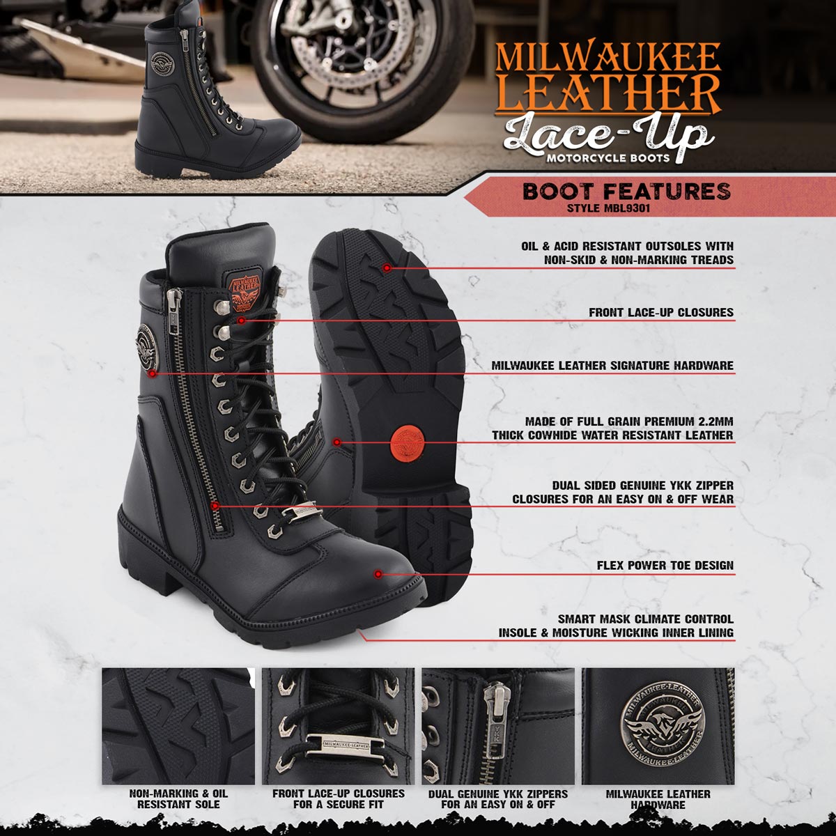 Milwaukee Leather MBL9301 Women's Black Leather Lace-Up Motorcycle Biker Riding Boots with Side Zipper Entry