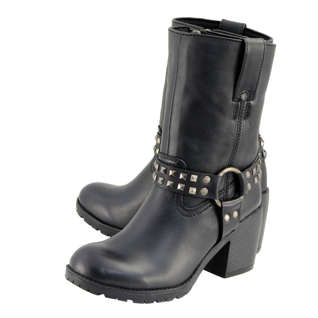 Milwaukee Leather Women's Stud Rebel Black Leather Harness Motorcycle Boots - MBL9314