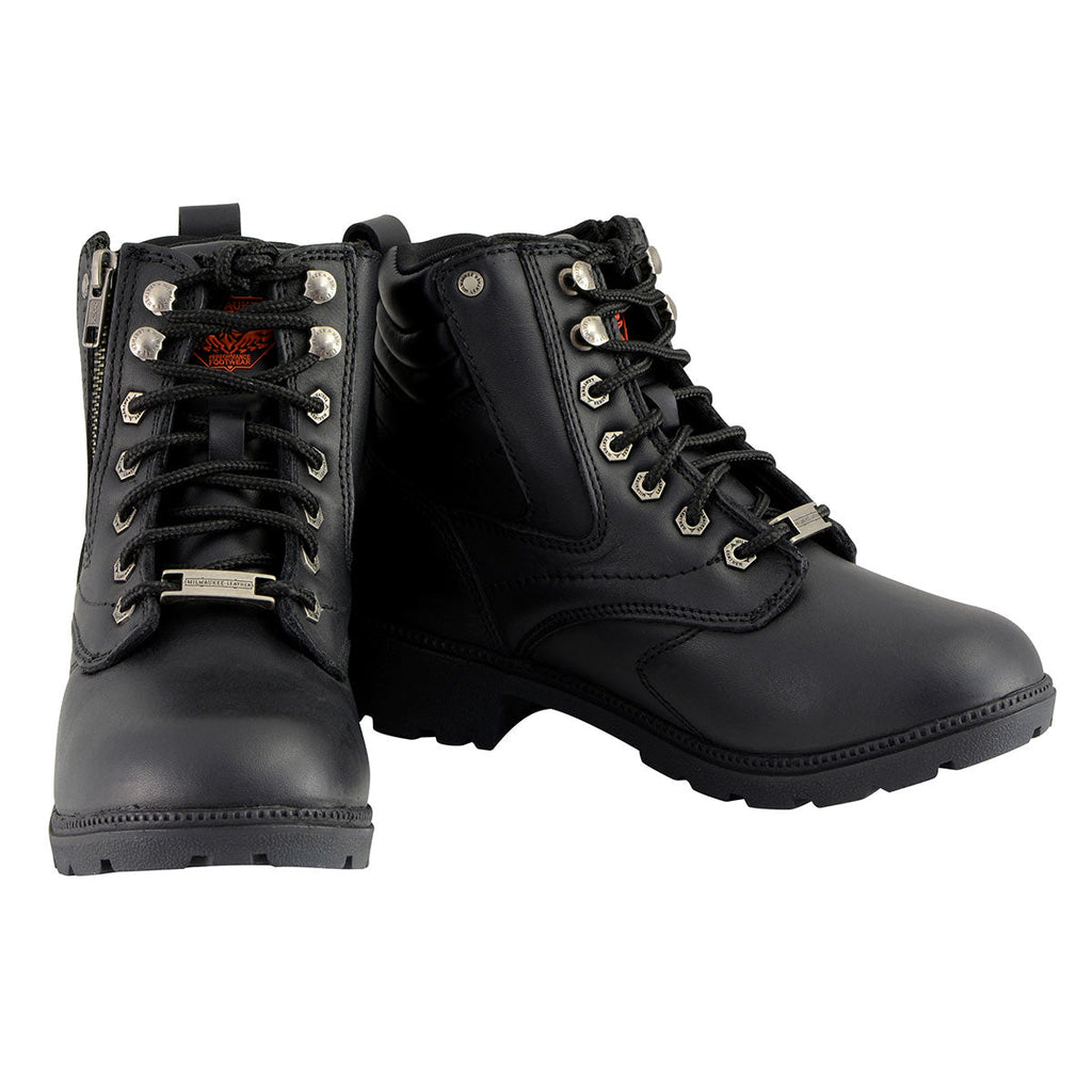 Milwaukee Leather MBL9320 Women's Premium Black Leather Lace-Up Motorcycle Riding Boots with Side Zipper