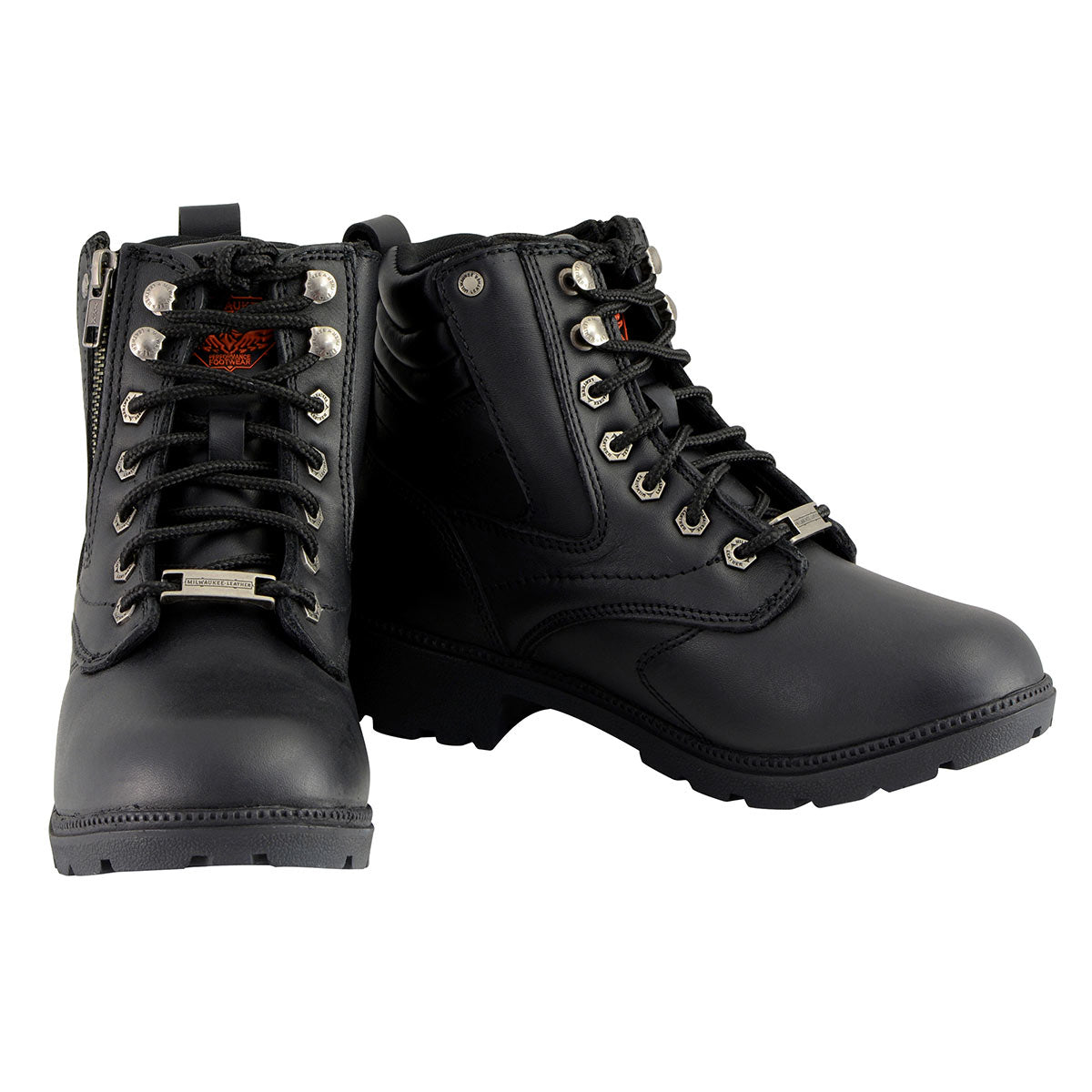 Milwaukee Leather MBL9320 Women's Premium Black Leather Lace-Up Motorcycle Riding Boots with Side Zipper