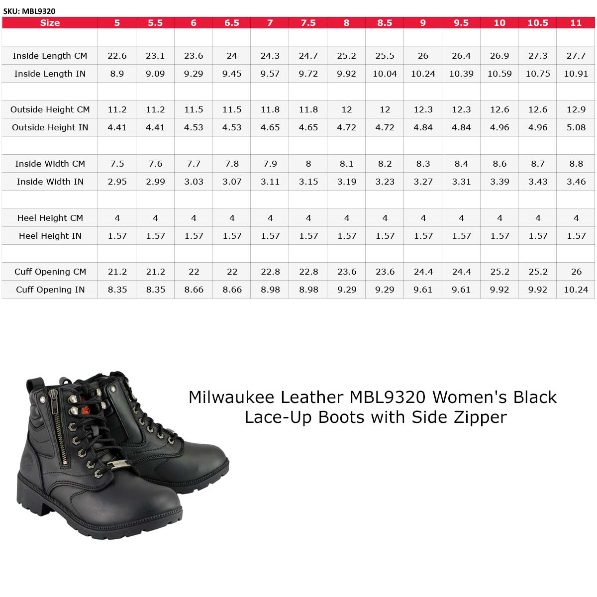 Milwaukee Leather MBL9320 Women's Premium Black Leather Lace-Up Motorcycle Riding Boots with Side Zipper