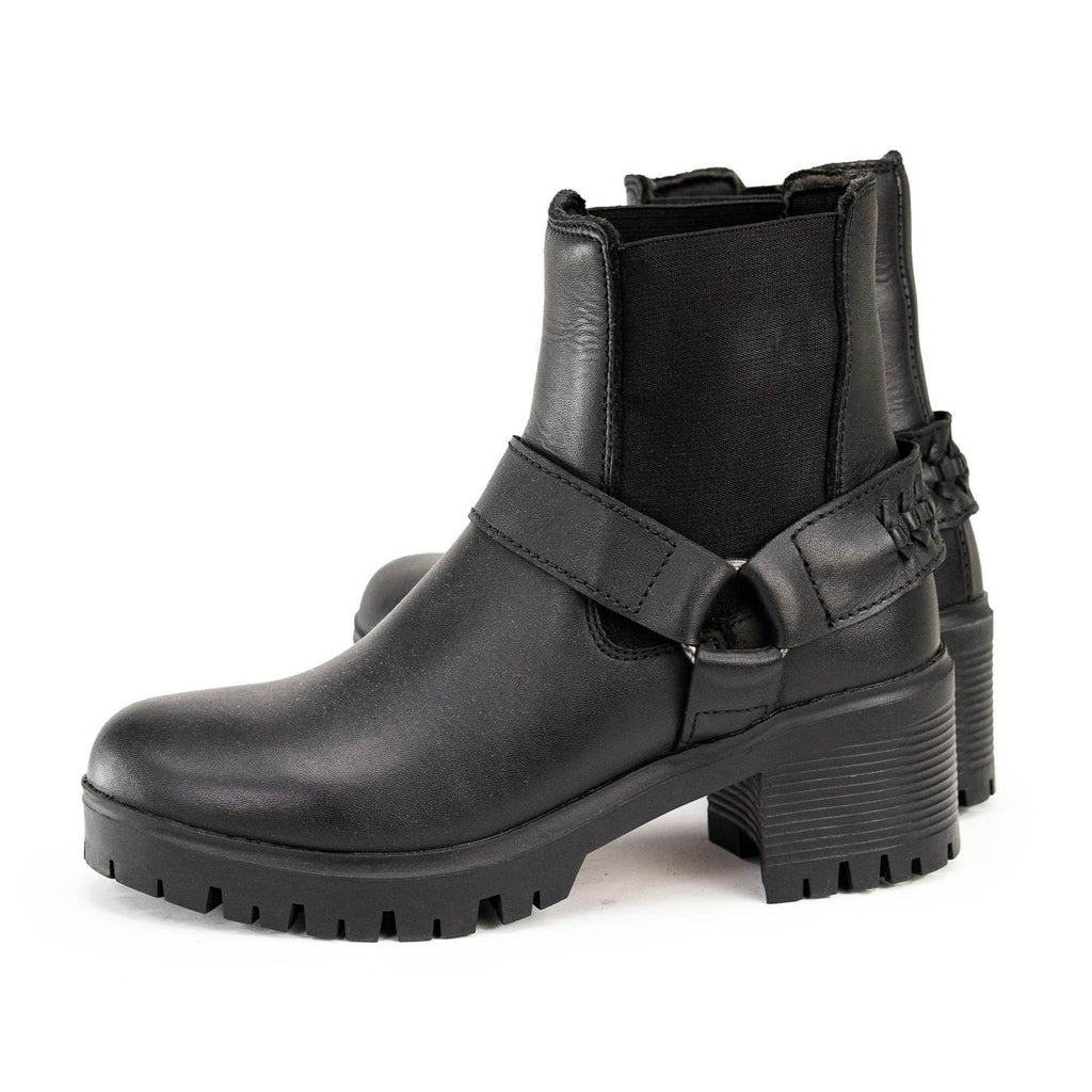 Milwaukee Leather Women's Black Braid Black Leather Ankle Fashion Boots with Elastic Panel and Block Heel - MBL9331